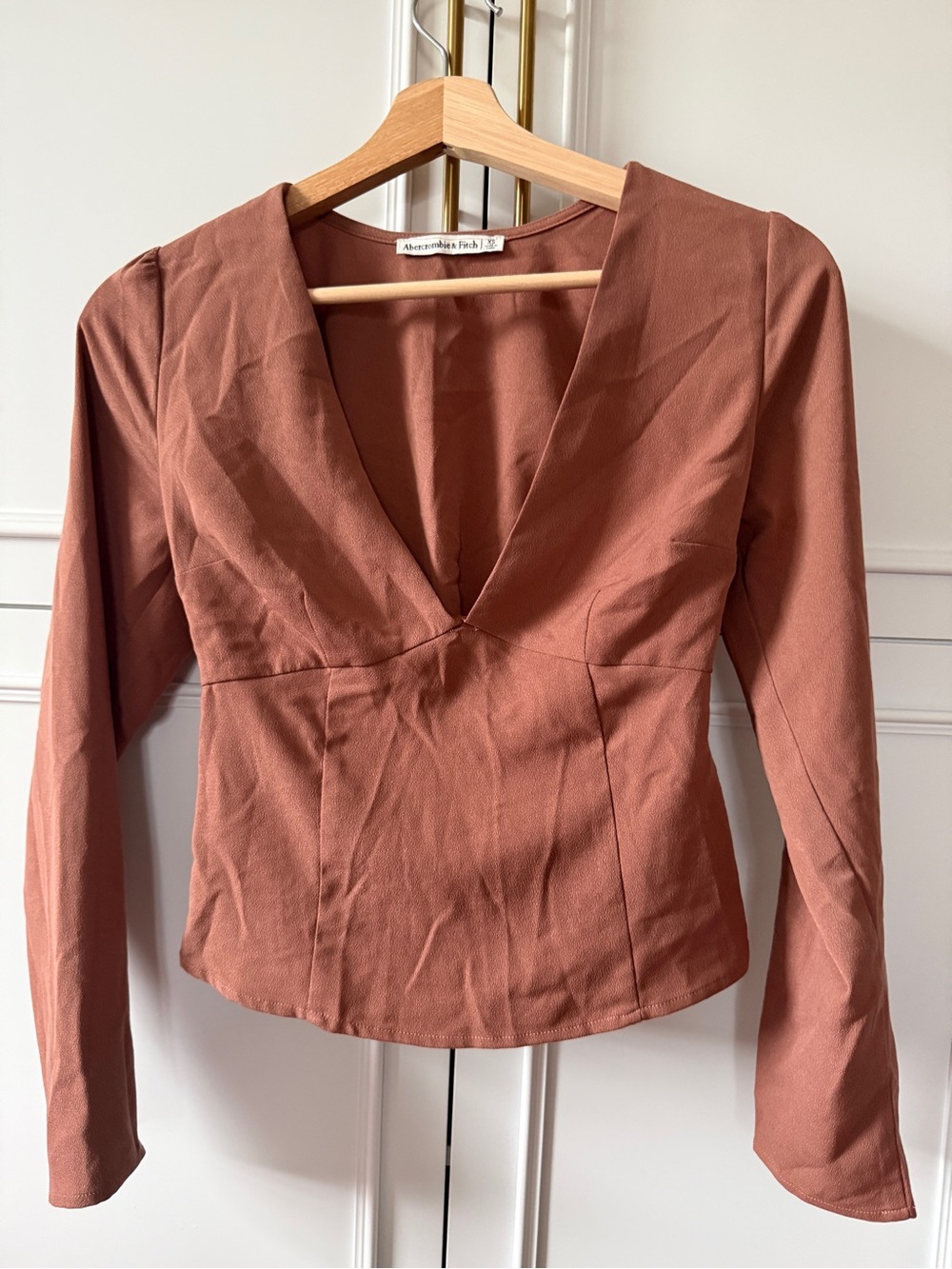 Abercrombie & Fitch Rust-Toned Long Sleeve V-Neck Top